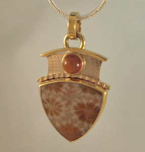 Fossilized Coral Sterling Hessonite Garnet 14KY Pendant by Lori Braun