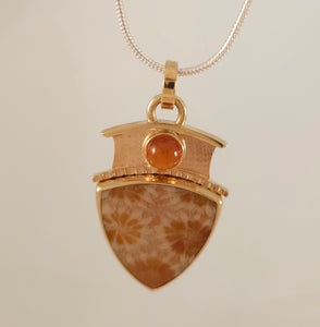 Fossilized Coral Sterling Hessonite Garnet 14KY Pendant by Lori Braun