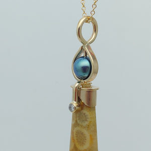 Fossilized Coral Blue Cultured Pearl Diamond 14KY Pendant by Lori Braun
