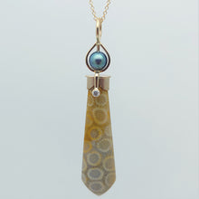 Fossilized Coral Blue Cultured Pearl Diamond 14KY Pendant by Lori Braun