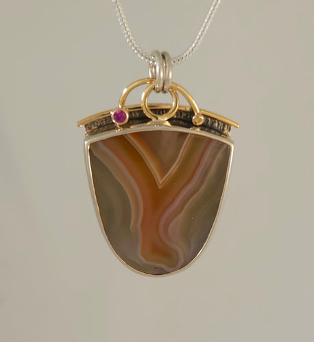 Malawi Agate Pink Sapphire 14KY Sterling Pendant by Lori Braun