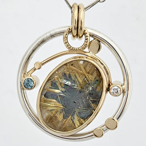 Rutilated Quartz Zircon Diamond Sterling 14KY Pendant by Lori Braun