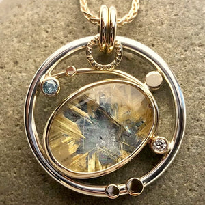 Rutilated Quartz Zircon Diamond Sterling 14KY Pendant by Lori Braun