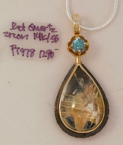 Rutilated Quartz Zircon Sterling 14KY Pendant by Lori Braun
