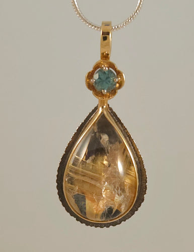 Rutilated Quartz Zircon Sterling 14KY Pendant by Lori Braun