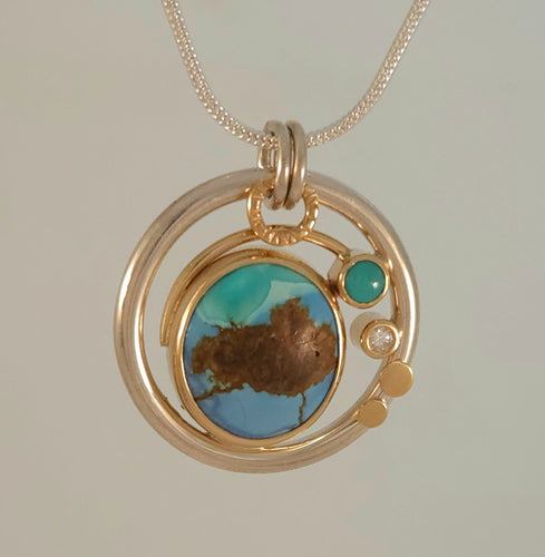 Turquoise Diamond Sterling 14KY Pendant by Lori Braun