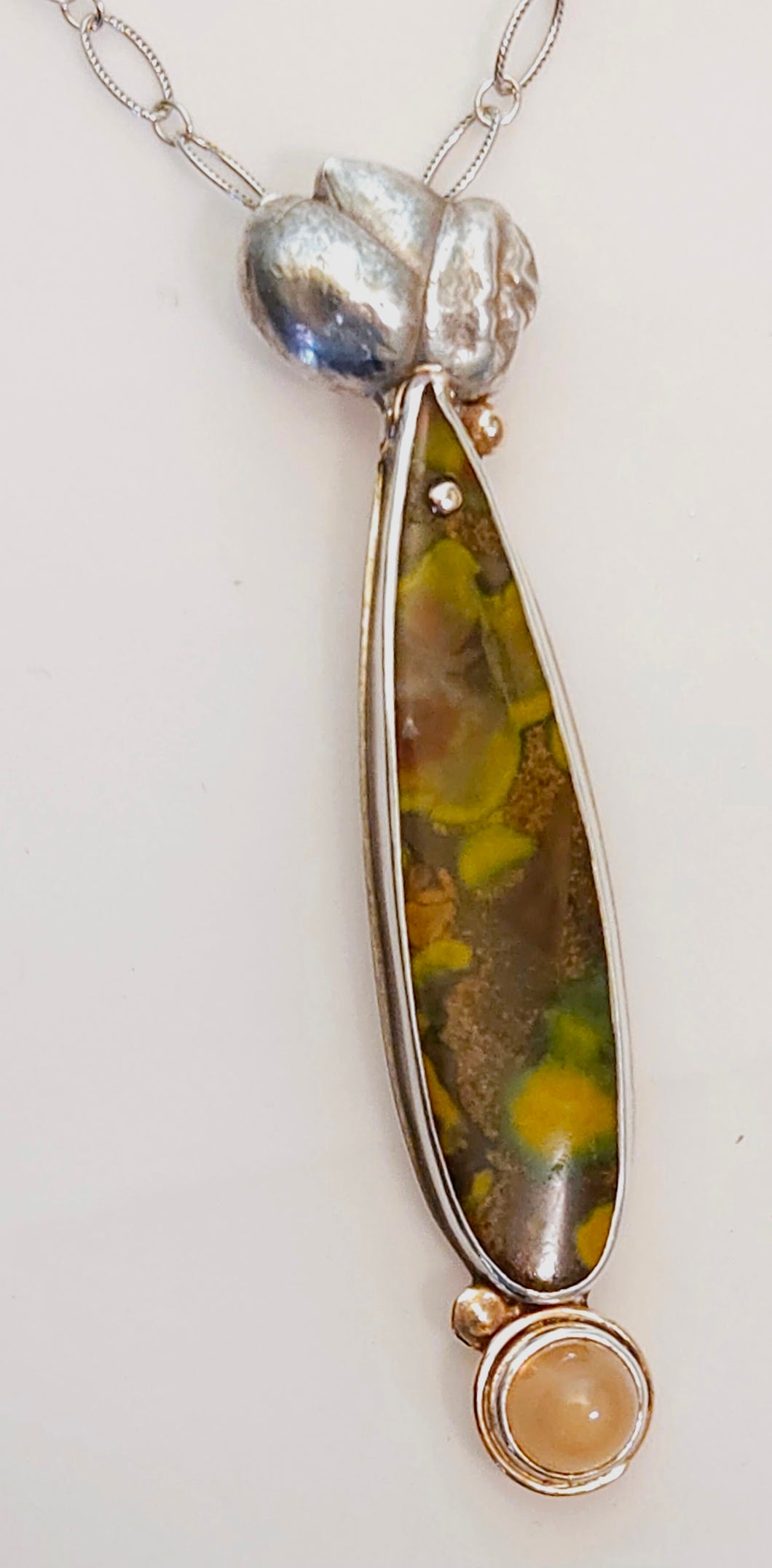Fruit Jasper Peach Moonstone Sterling Tiger Lilly Seed Pod 14KY Pendant by Rebecca of BNOX