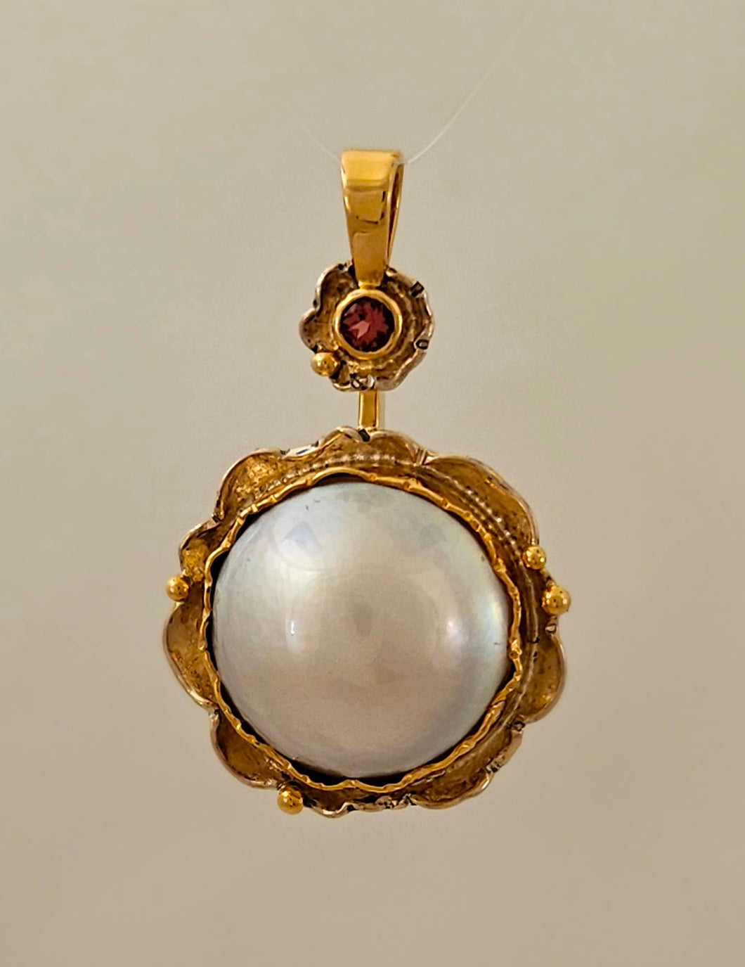 Mabe Pearl Pink Tourmaline Sterling 14KY Sterling Pendant by Lori Braun