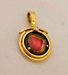 Watermelon Tourmaline Diamond 14KY Pendant by Lori Braun