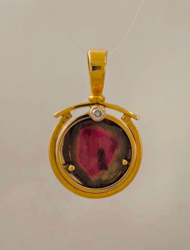 Watermelon Tourmaline Diamond 14KY Pendant by Lori Braun