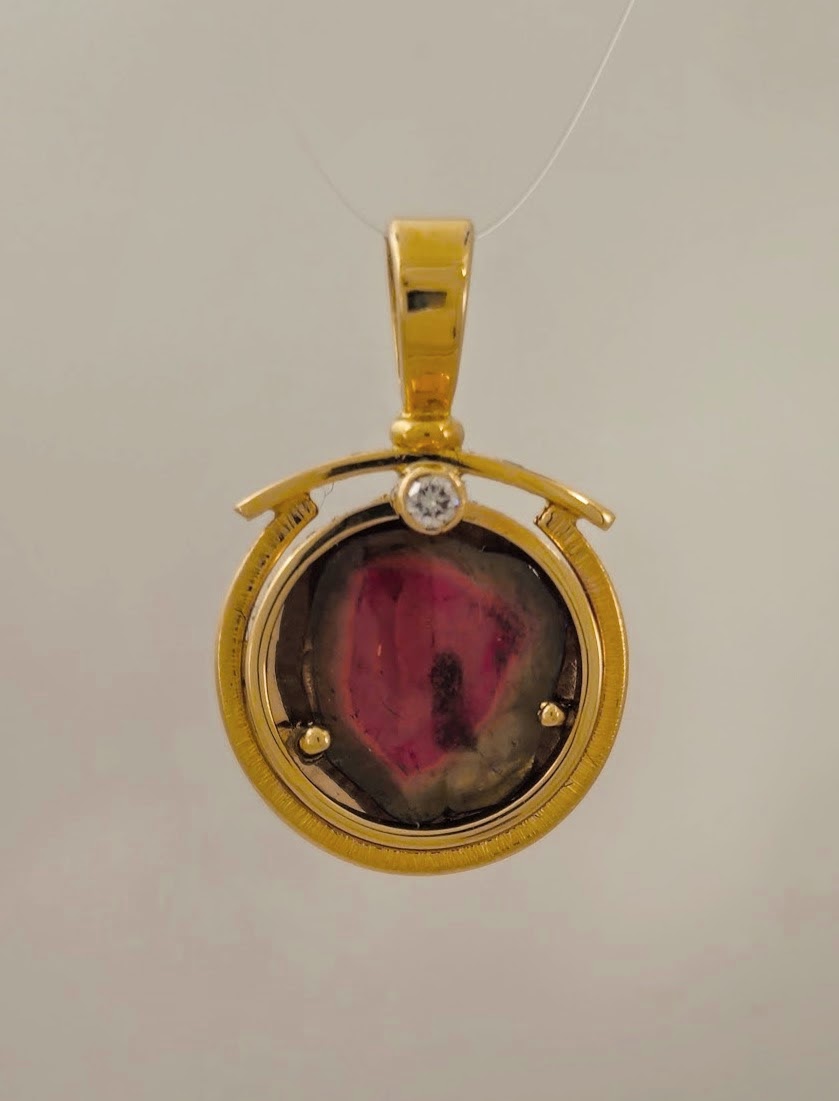 Watermelon Tourmaline Diamond 14KY Pendant by Lori Braun