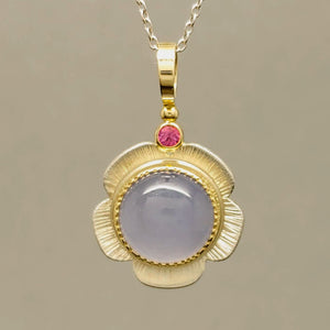 Blue Chalcedony Pink Sapphire Sterling 14KY pendant by Lori Braun of Minnesota and is available at BNOX Jewelry Studio in Pepin, Wisconsin.