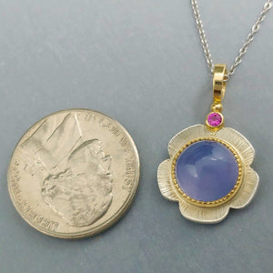 Blue Chalcedony Pink Sapphire Sterling 14KY pendant by Lori Braun of Minnesota and is available at BNOX Jewelry Studio in Pepin, Wisconsin.