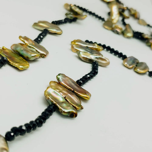 Golden Freshwater Pearl black Spinel Necklace by Judy Knose