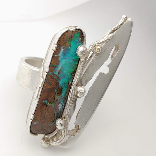 Boulder Opal Diamond Cast Sterling Branch 14KY Ring
