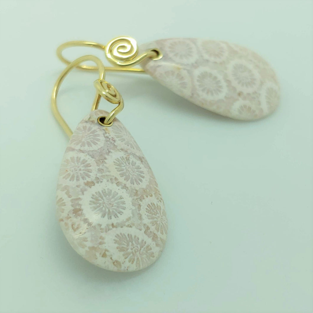 Fossilized Coral Drop 14ky Earrings by Lori Braun