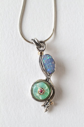 Opal Gem Silica Ruby Diamond Sterling 14KY Pendant by Rebecca of BNOX